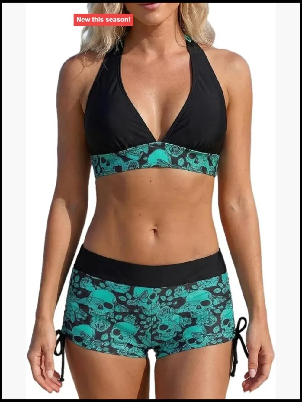 Two Piece Halter Bikini Set with Boy Shorts and Secure Waistband